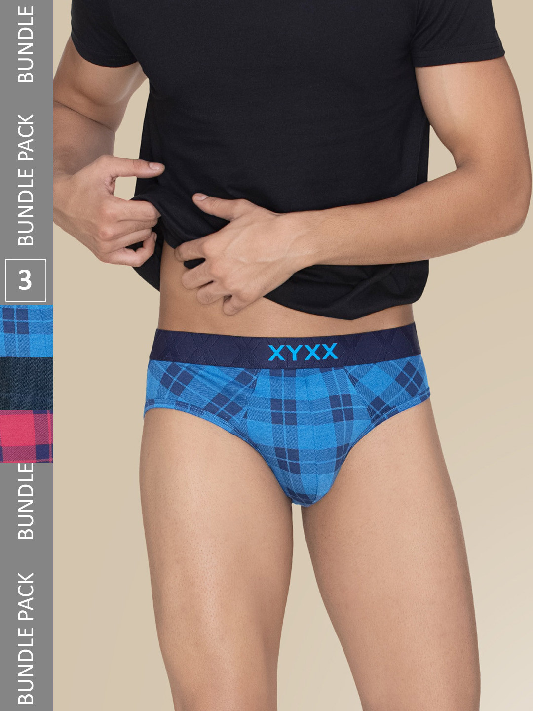

XYXX Pack Of 3 Checked Basic Anti-Microbial Briefs XYBRF3PCKN964, Blue