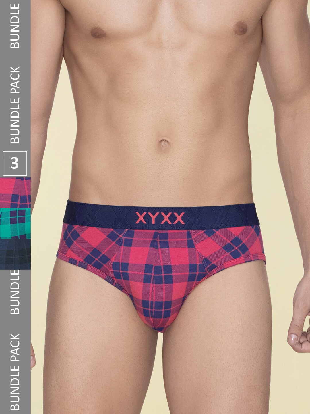 

XYXX Pack Of 3 Checked Anti Microbial Modal Briefs XYBRF3PCKN966, Pink