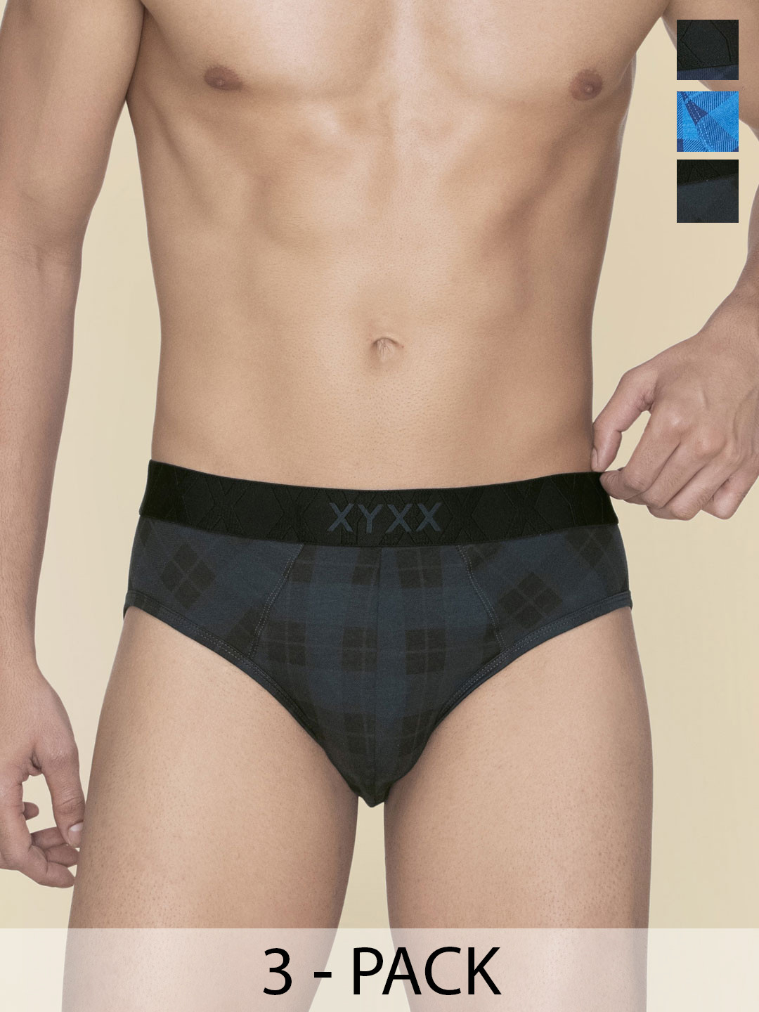 

XYXX Pack Of 3 Checked Anti Microbial Modal Briefs XYBRF3PCKN958, Black