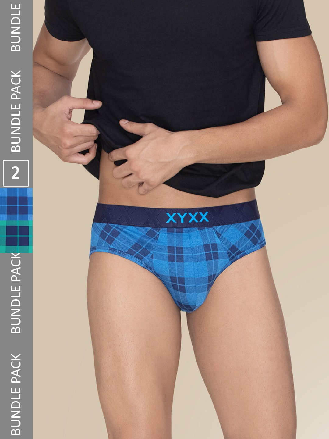 

XYXX Pack Of 2 Checked Anti Microbial Basic Briefs XYBRF2PCKN748, Blue