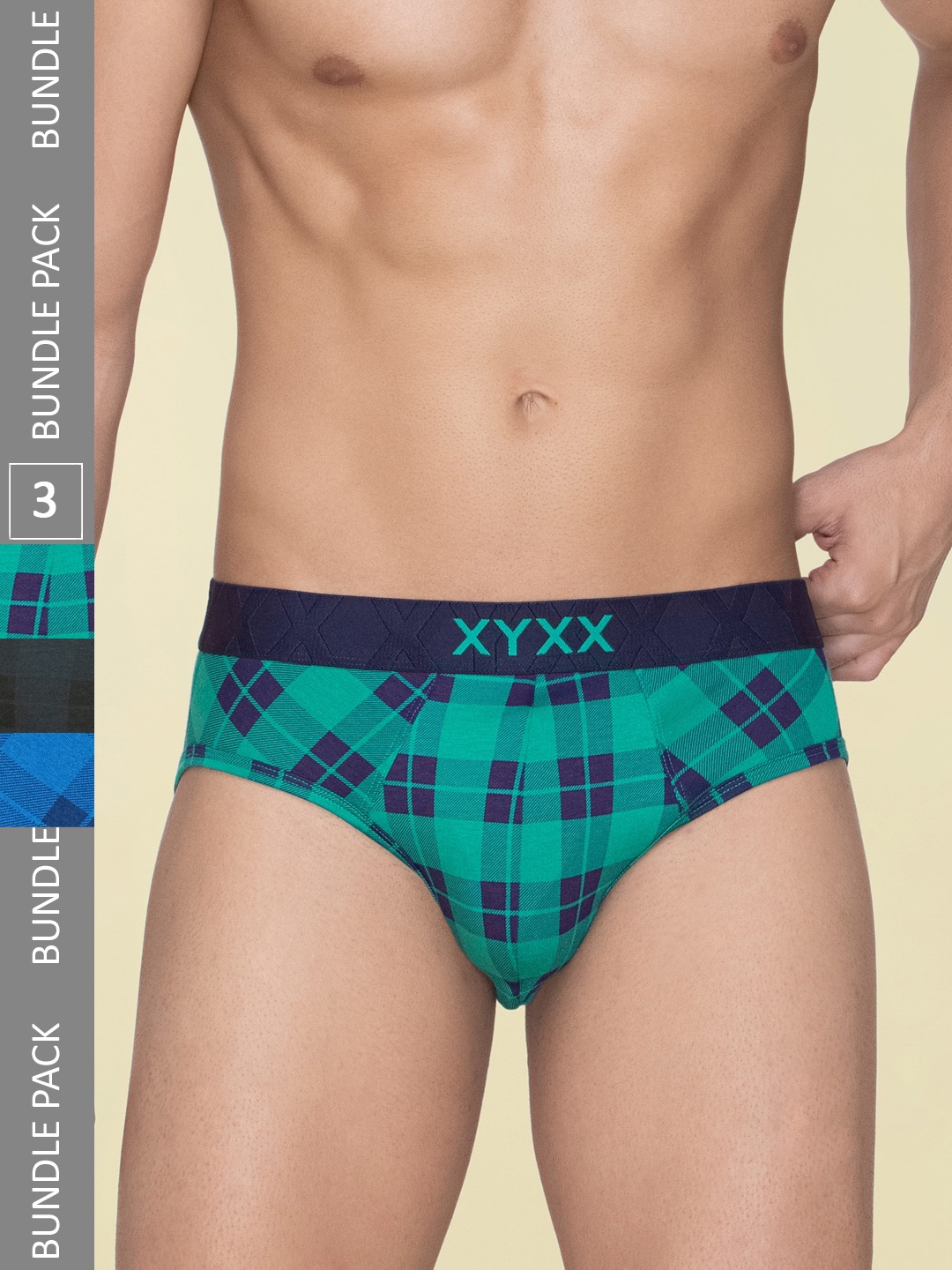 

XYXX Pack Of 3 Checked Anti Microbial Basic Briefs XYBRF3PCKN962, Blue
