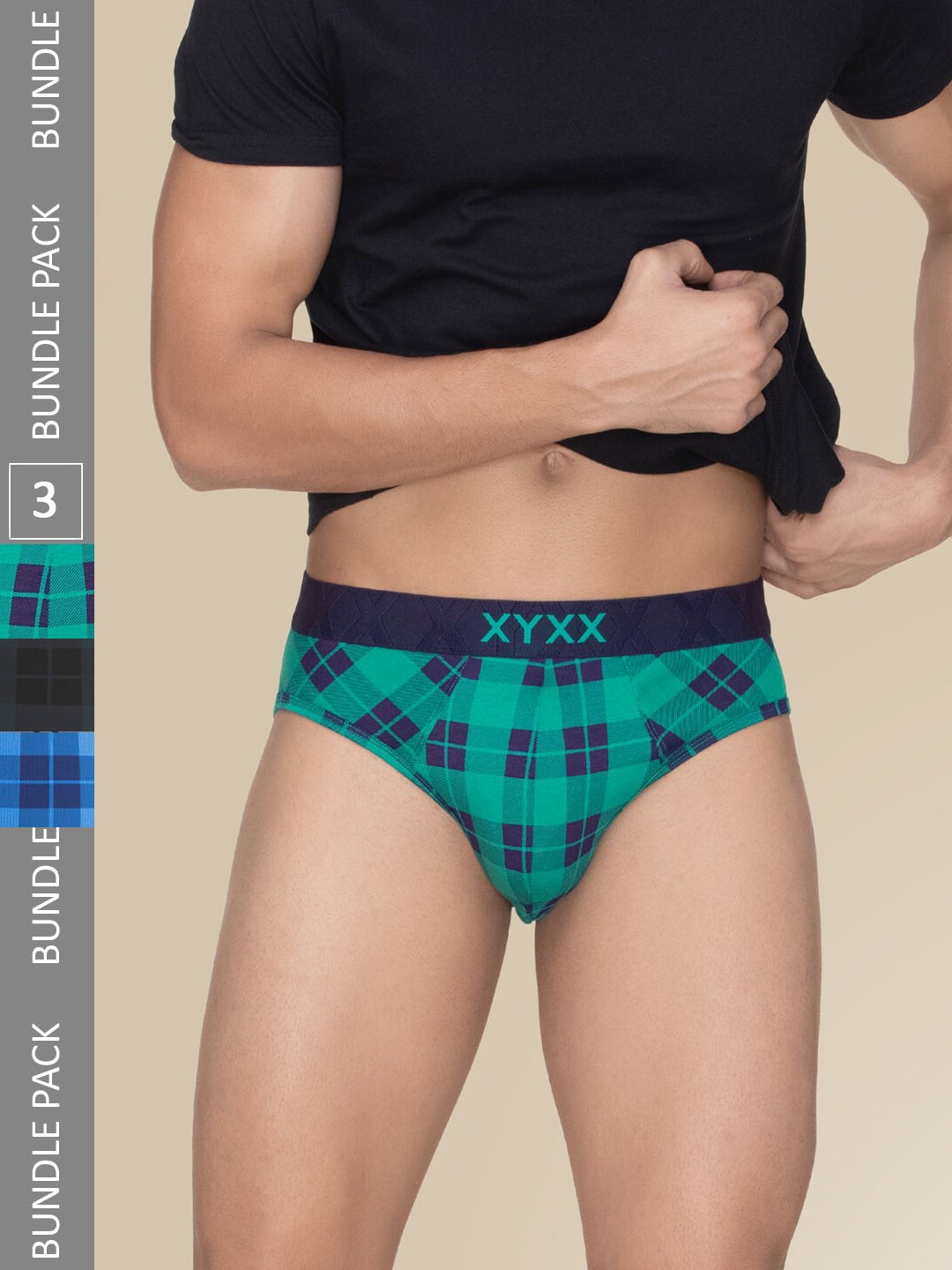 

XYXX Pack Of 3 Checked Anti Microbial Basic Briefs XYBRF3PCKN962, Black