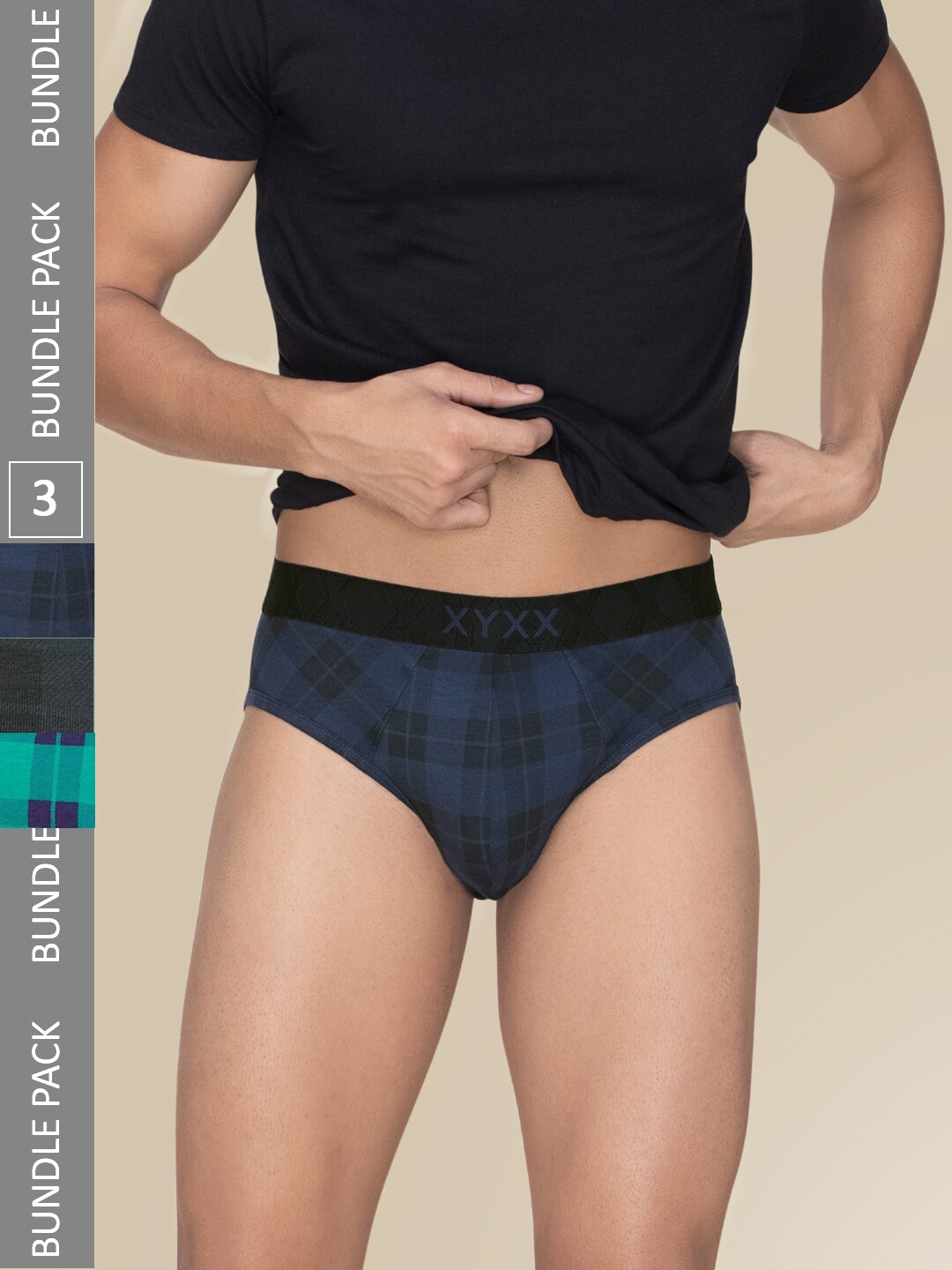 

XYXX Pack Of 3 Checked Anti Microbial Basic Briefs XYBRF3PCKN960, Black