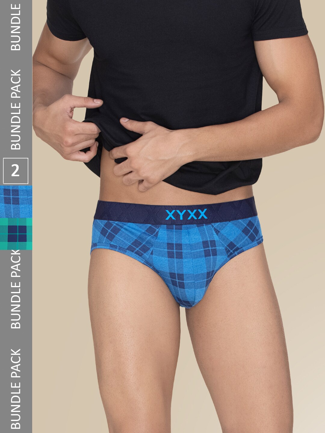 

XYXX Pack Of 2 Checked Mid-Rise Anti Bacterial Basic Briefs XYBRF2PCKN748, Blue