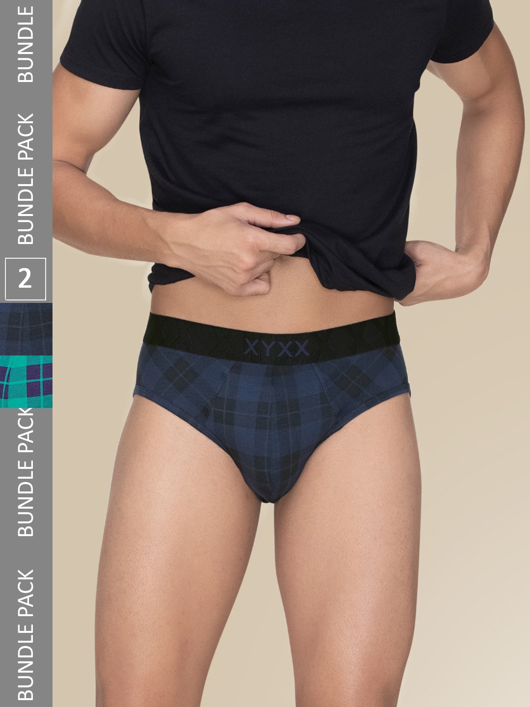 

XYXX Pack Of 2 Checked Anti Microbial Basic Briefs XYBRF2PCKN745, Blue