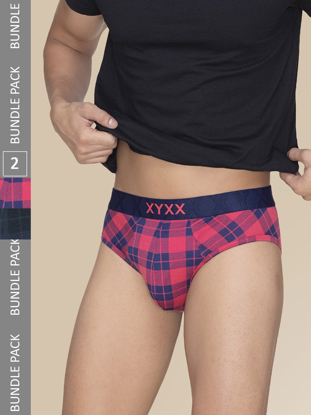 

XYXX Pack Of 2 Checked Anti Microbial Basic Briefs XYBRF2PCKN745, Navy blue