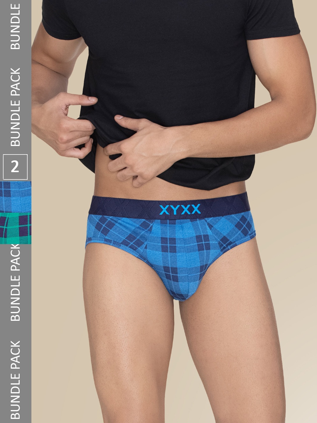

XYXX Pack Of 2 Checked Anti Microbial Basic Briefs XYBRF2PCKN748, Blue