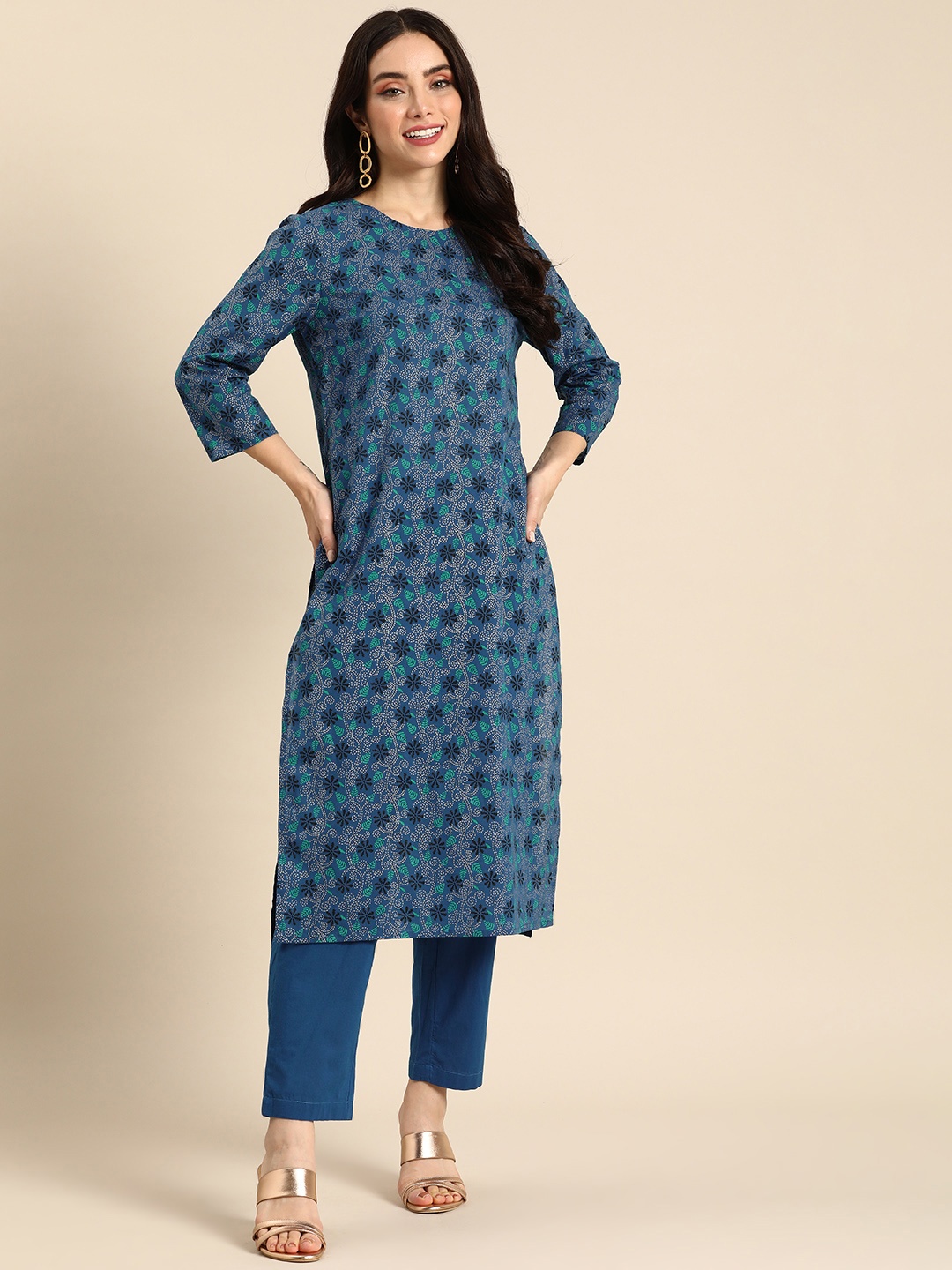 

Anouk Women Ethnic Motifs Printed Regular Pure Cotton Kurta with Trousers, Blue