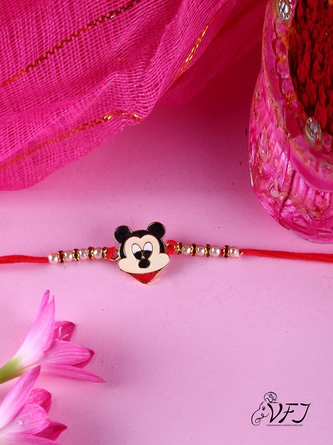

Vighnaharta Boys Mickey Mouse Beaded Thread Rakhi, Gold