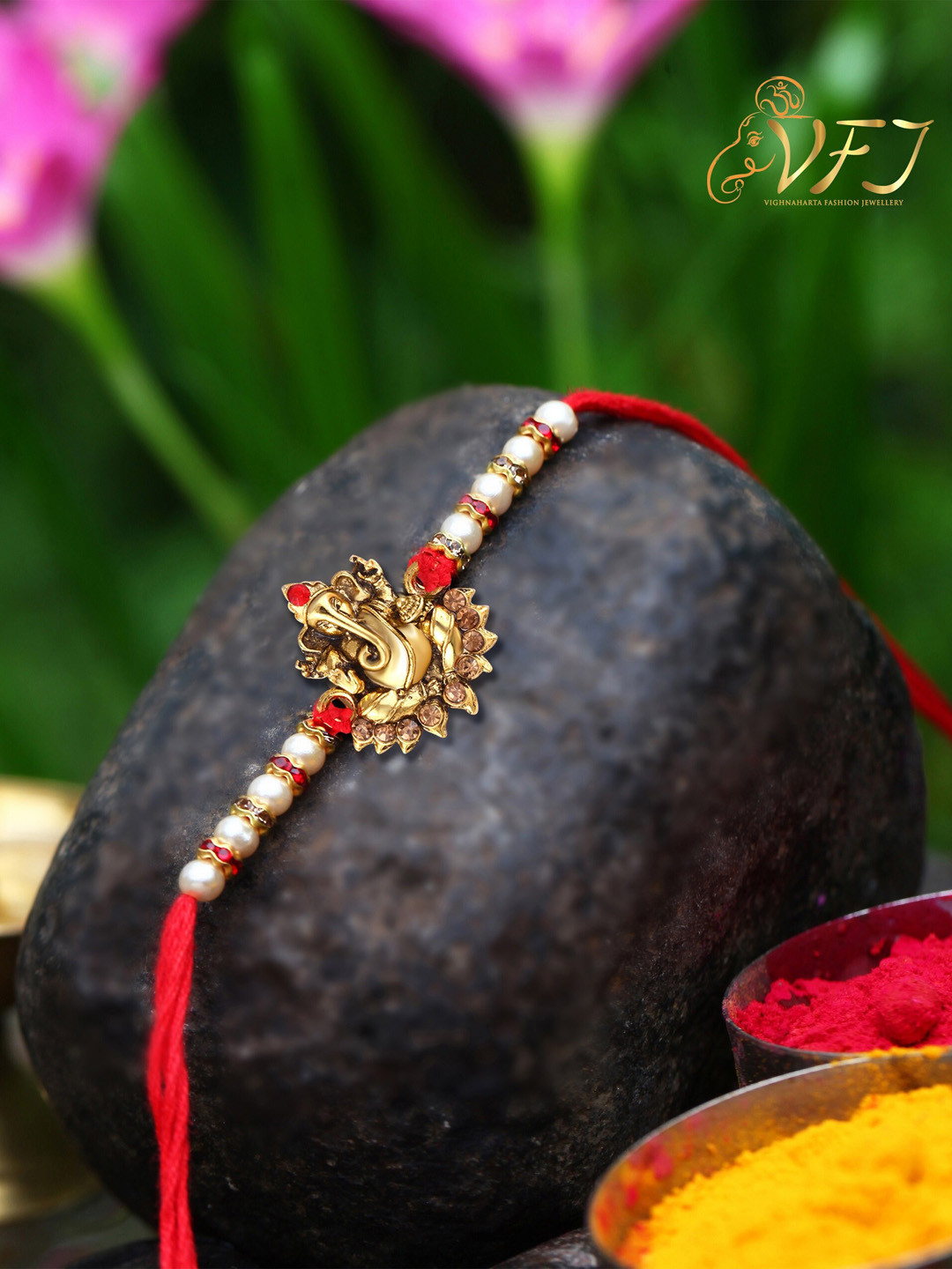 

Vighnaharta Boys Gold-Plated Lord Ganesha Charm Tie-Up Rakhi