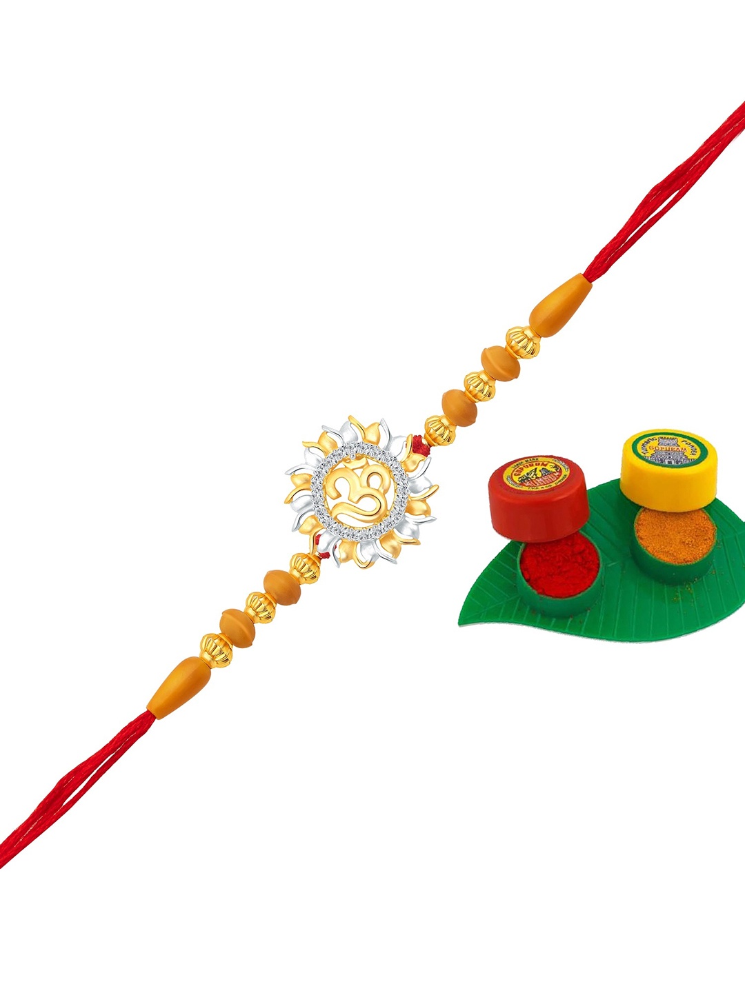 

Vighnaharta Boys Rhodium-Plated CZ-Studded & Beaded Om Rakhi, Gold