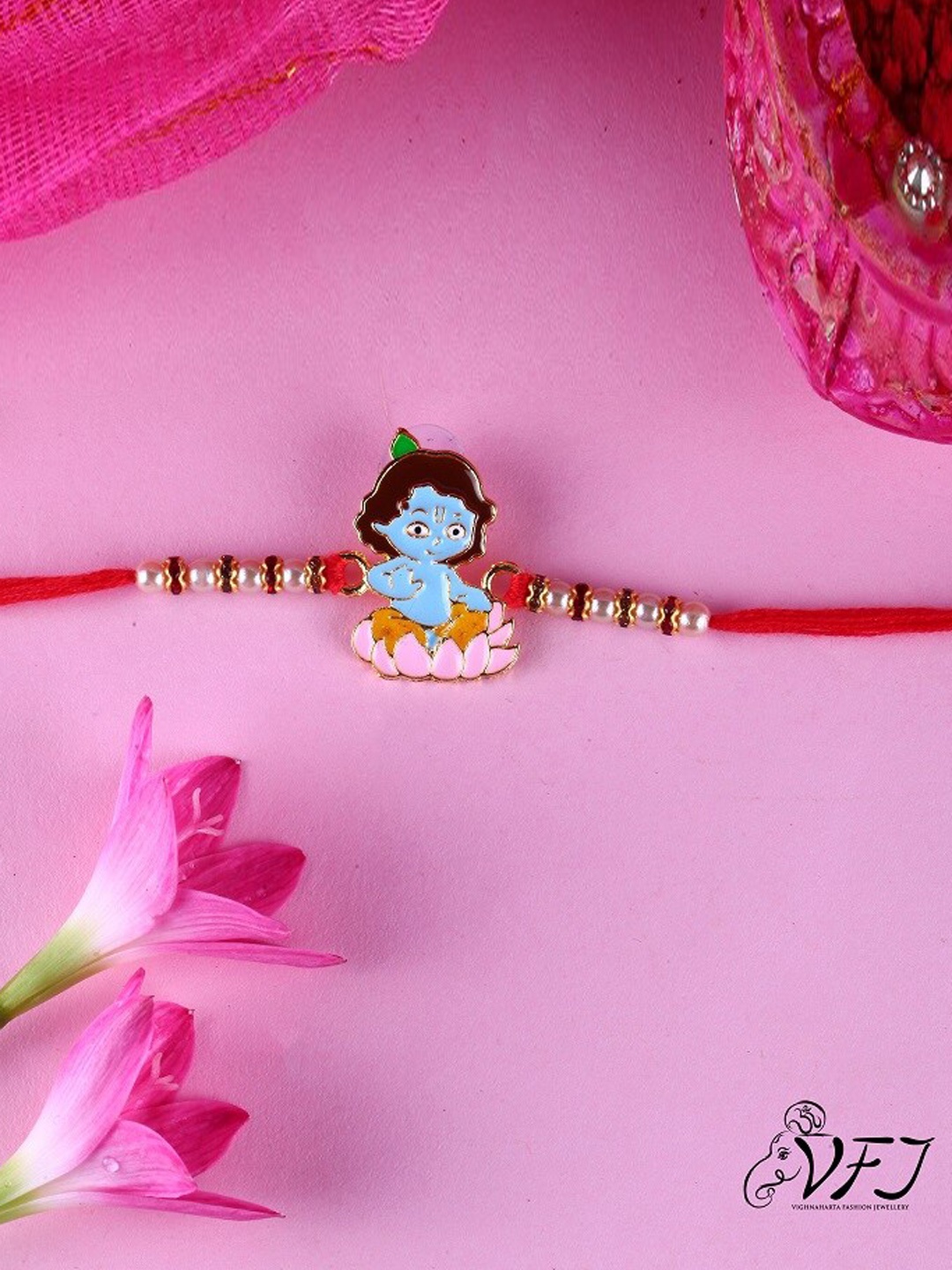 

Vighnaharta Boys Bal Krishna Beaded Thread Rakhi, Gold