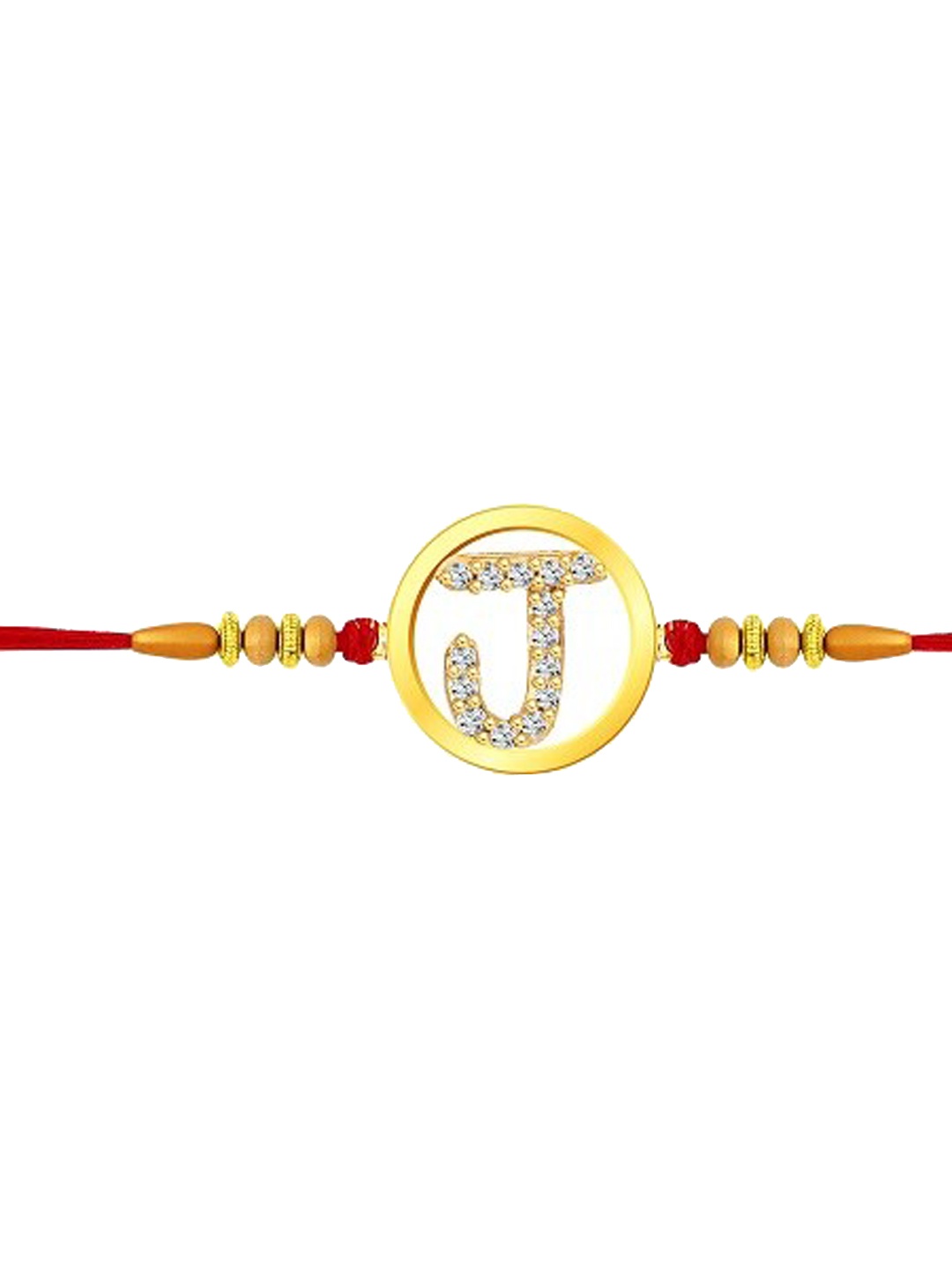 

Vighnaharta Boys Gold-Plated Letter J-Charm With Kumkum Leaf Tie-Up Rakhi
