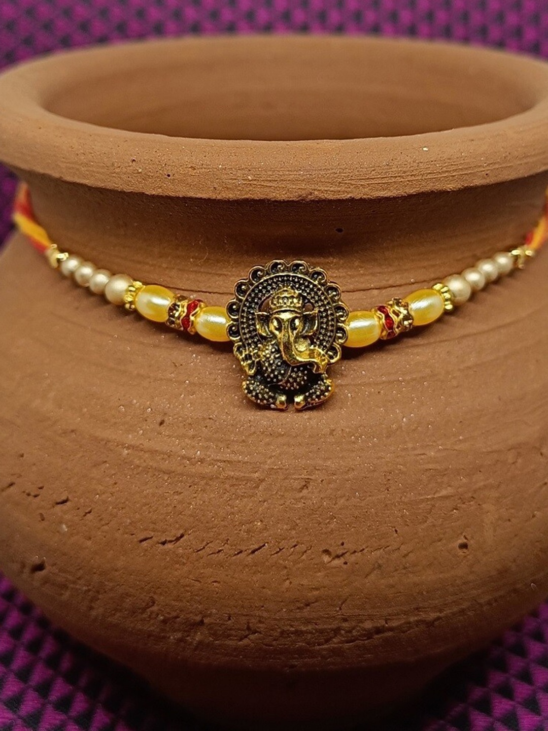 

Vighnaharta Boys Rhodium-Plated Beaded Rakhi, Gold