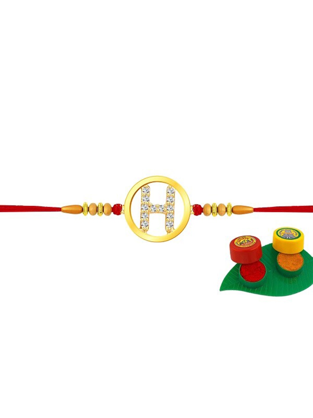 

Vighnaharta Gold-Plated Letter H Stone-Studded Charm Rakhi With Kumkum Leaf