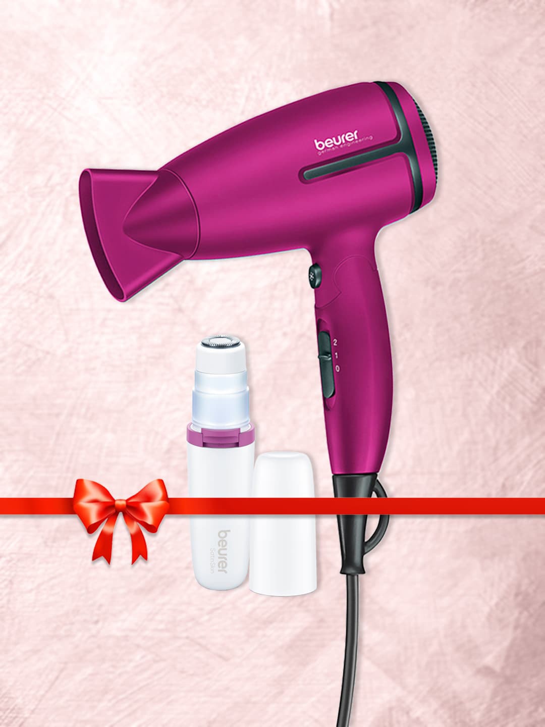 

beurer 1600 Watt Travel Hair Dryer & Satin Skin Facial Hair Remover Combo, Pink