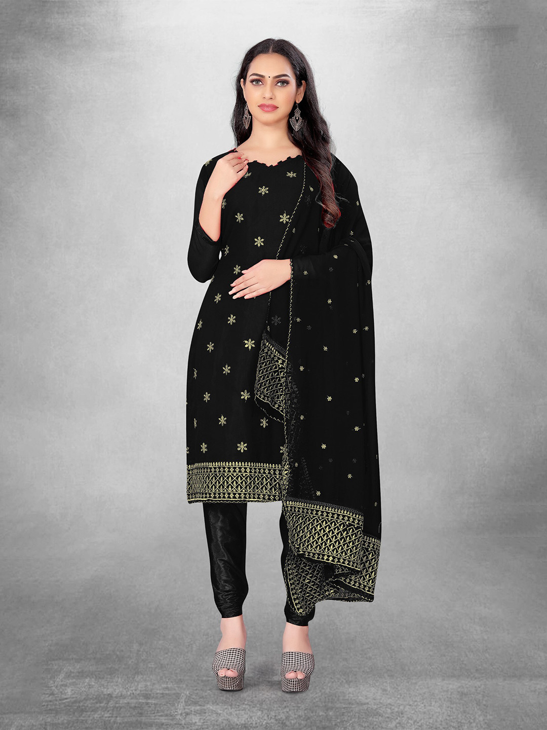 

KALINI Embroidered Unstitched Dress Material, Black