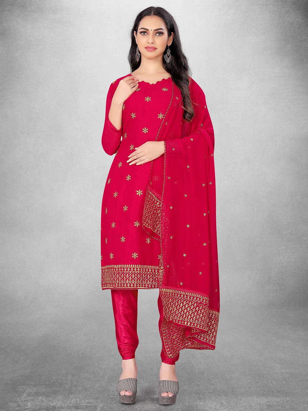 KALINI Ethnic Motifs Embroidered Unstitched Dress Material, Pink