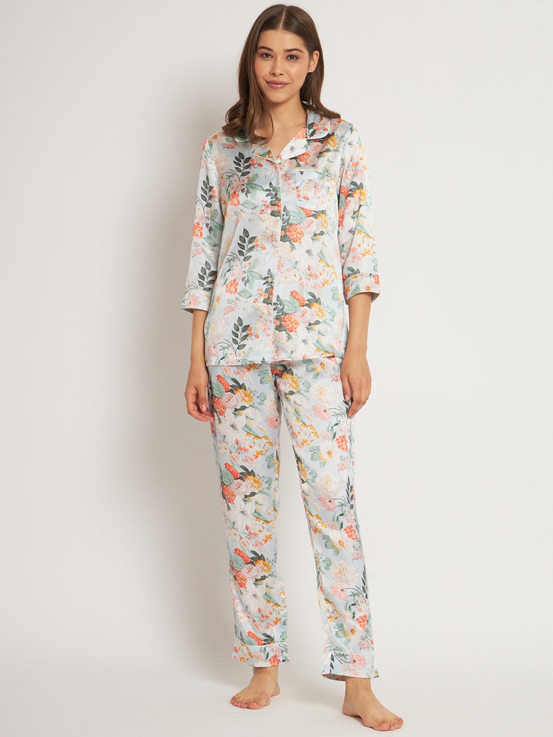 

HERE&NOW Floral Printed Satin Night suit, Grey