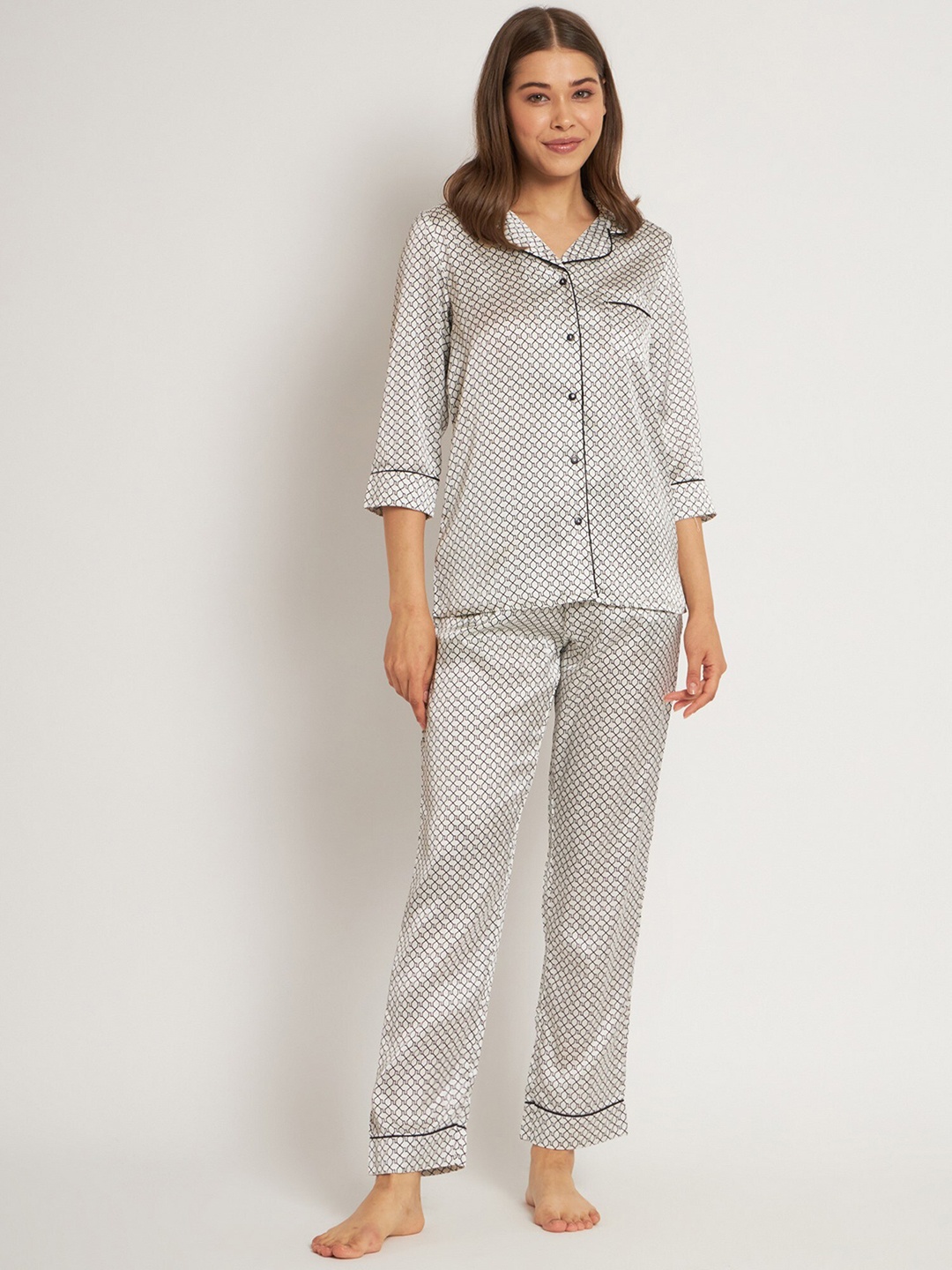 

HERE&NOW Geometric Printed Satin Night suit, Grey