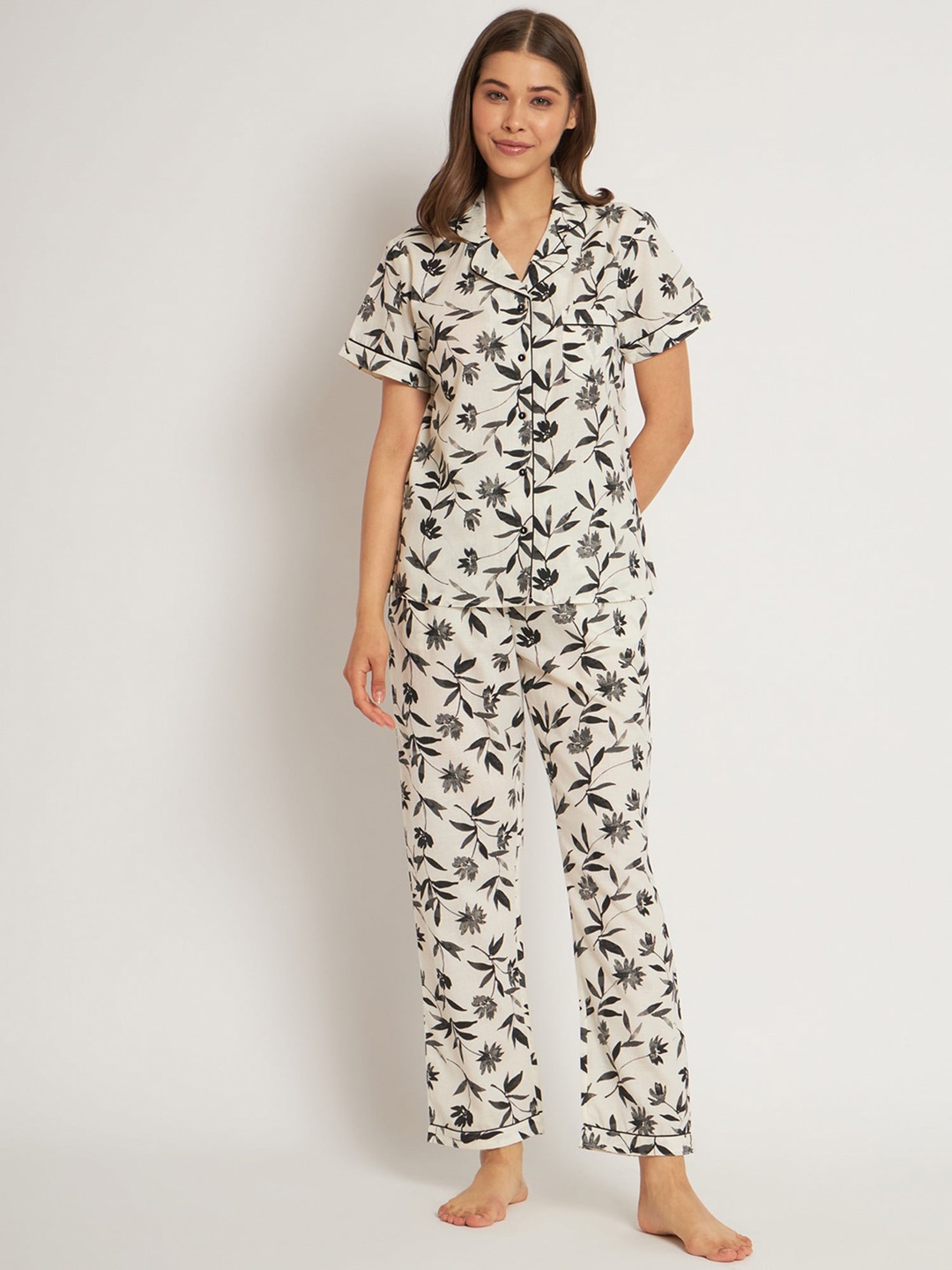 

HERE&NOW Floral Printed Pure Cotton Night suit, White