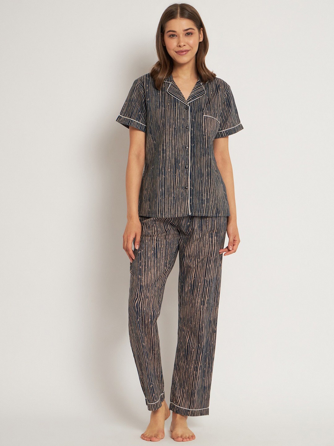 

HERE&NOW Striped Pure Cotton Night suit, Black