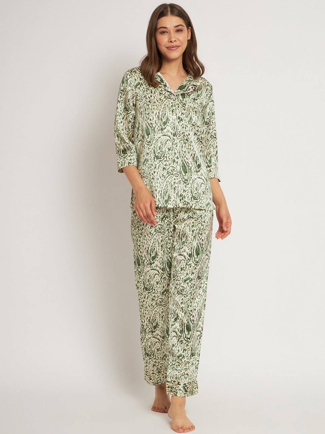 

HERE&NOW Abstract Printed Satin Night suit, Green