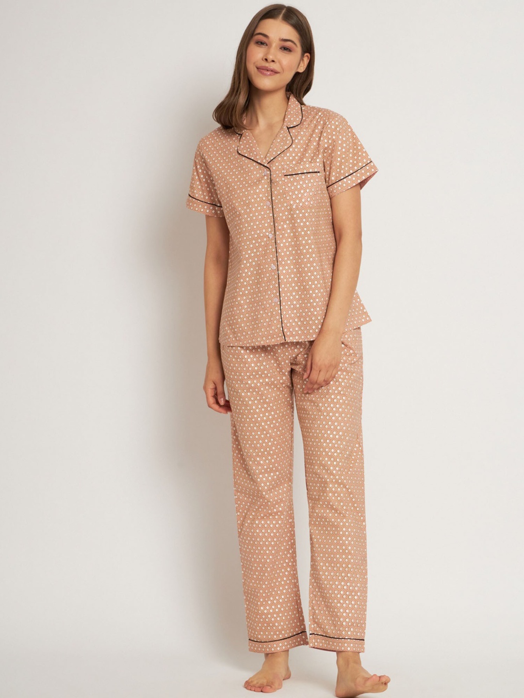 

HERE&NOW Beige Geometric Printed Pure Cotton Night Suit