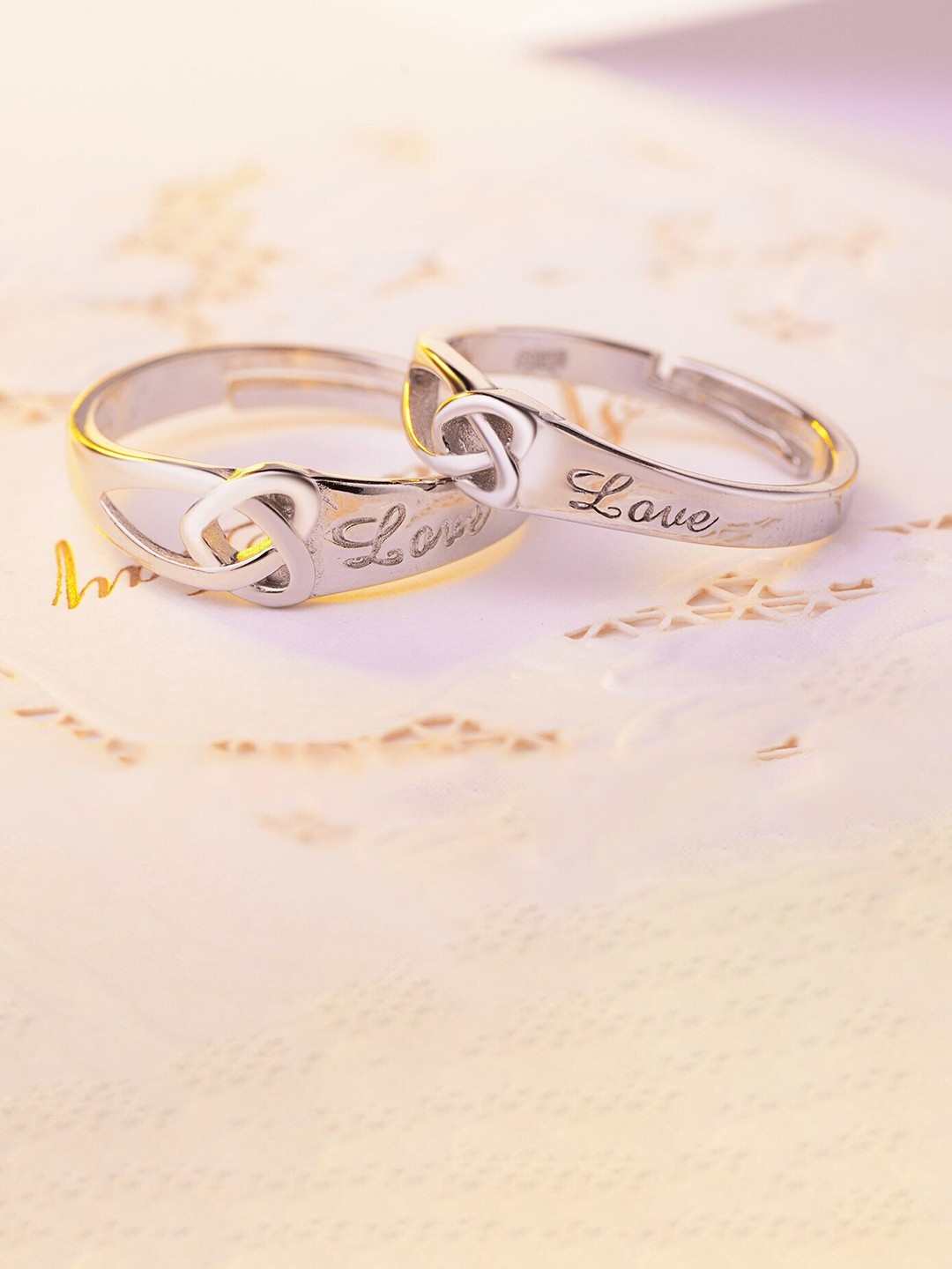 

MYKI Unisex Set Of 2 Silver-Plated CZ-Studded Couple Adjustable Finger Rings