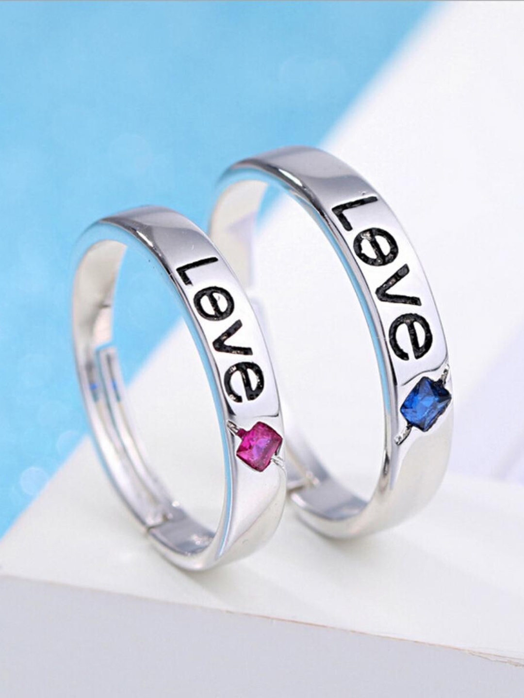 

MYKI Unisex Set Of 2 Silver-Plated Swarovski Zirconia Studded Adjustable Couple Rings