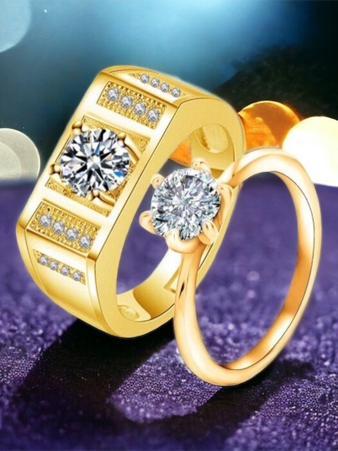 

MYKI Unisex Set Of 2 Gold-Plated CZ-Studded Adjustable Couple Rings