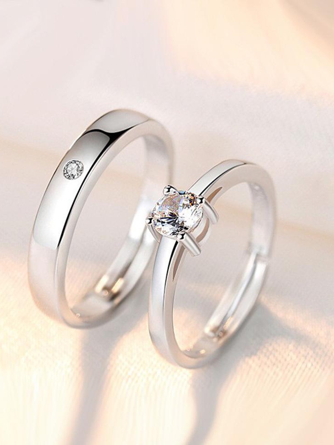 

MYKI Unisex Set Of 2 92.5 Sterling Silver Silver-Plated CZ-Studded Couple Finger Rings