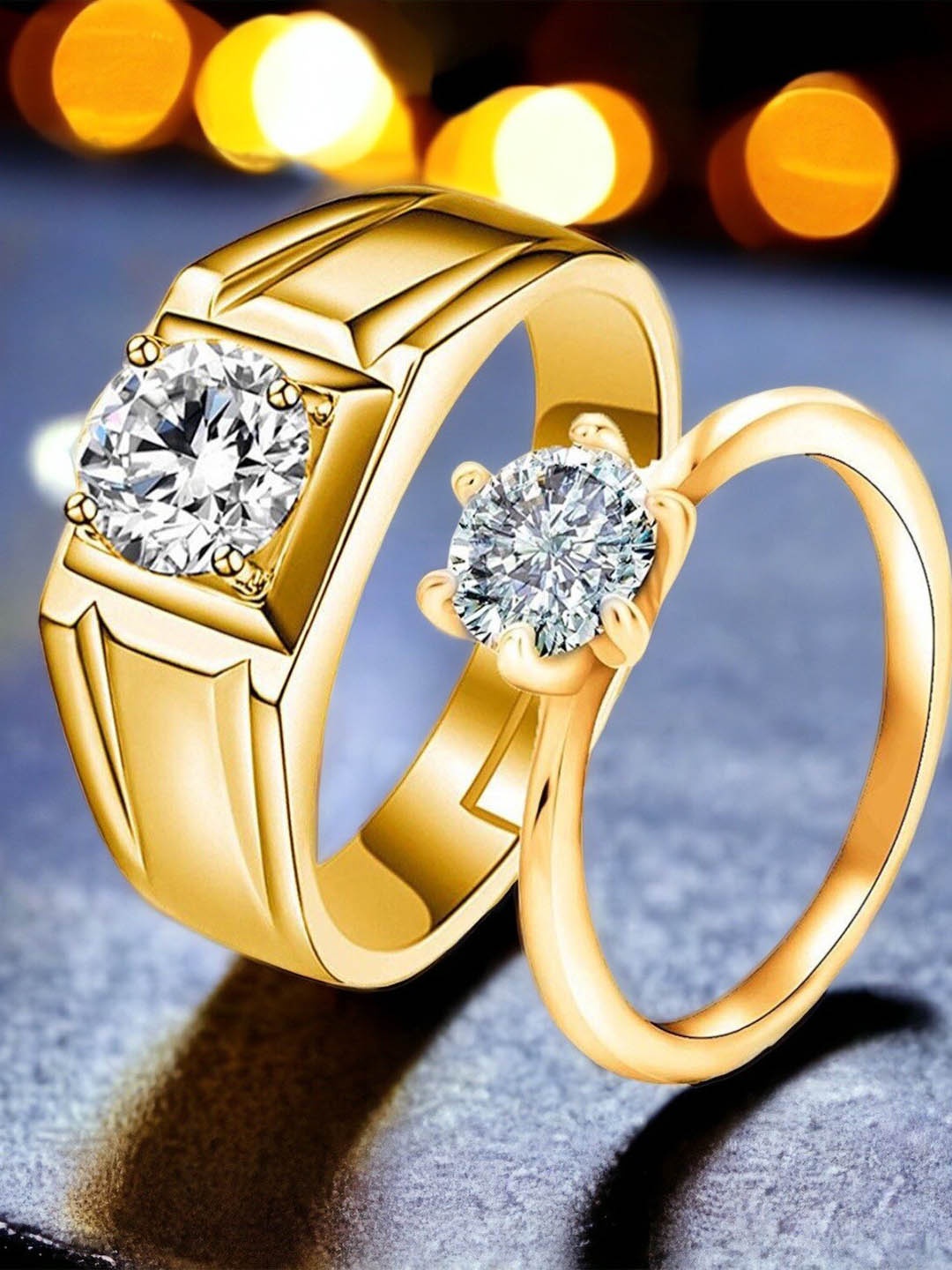 

MYKI Unisex Set Of 2 Gold-Plated CZ-Studded Couple Finger Rings, White