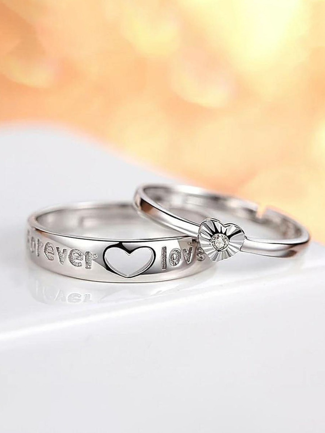 

MYKI Unisex Set Of 2 Silver-Plated CZ-Studded Adjustable Couple Rings