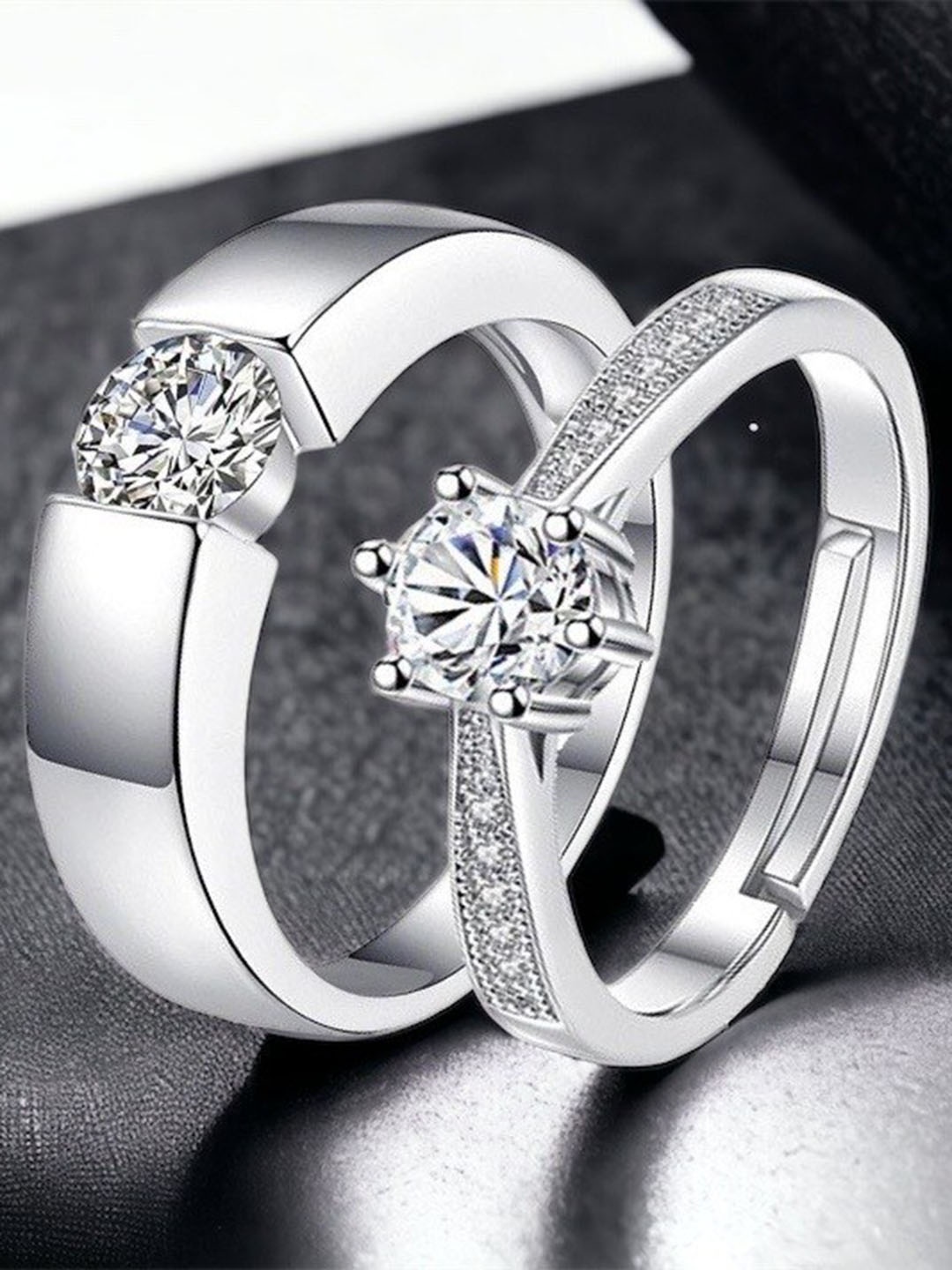 

MYKI Unisex Set Of 2 Silver-Plated CZ-Studded Adjustable Couple Finger Rings