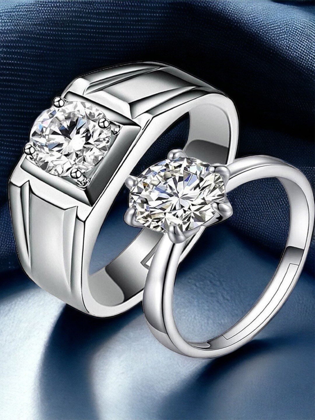 

MYKI Unisex Set Of 2 Silver-Plated CZ-Studded Couple Adjustable Finger Rings