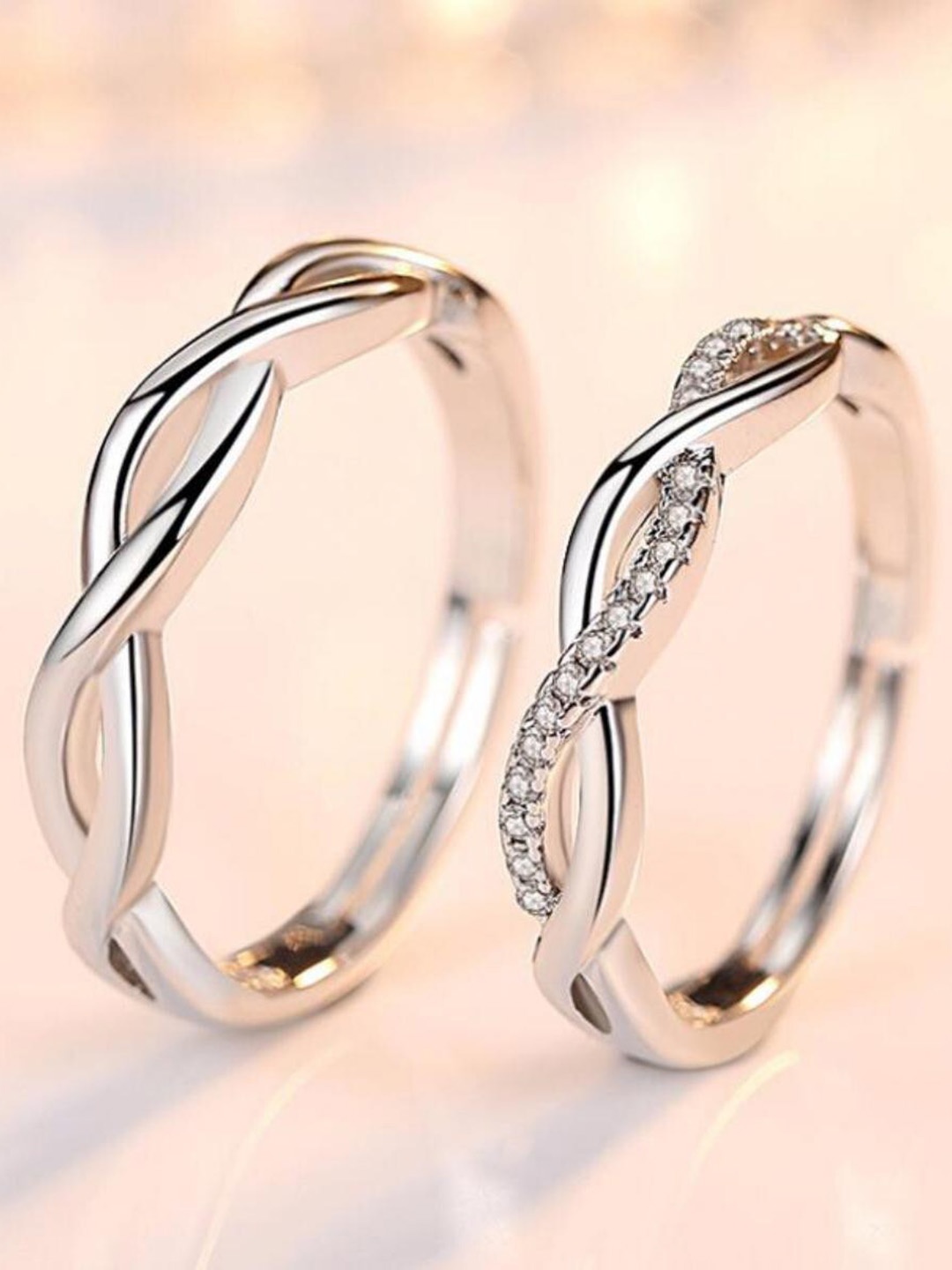 

MYKI Unisex Set Of 2 Silver-Plated CZ-Studded Couple Adjustable Finger Ring