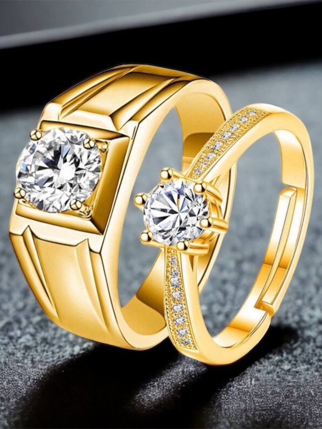 

MYKI Unisex Set Of 2 92.5 Sterling Silver Gold-Plated CZ-Studded Couple Finger Rings