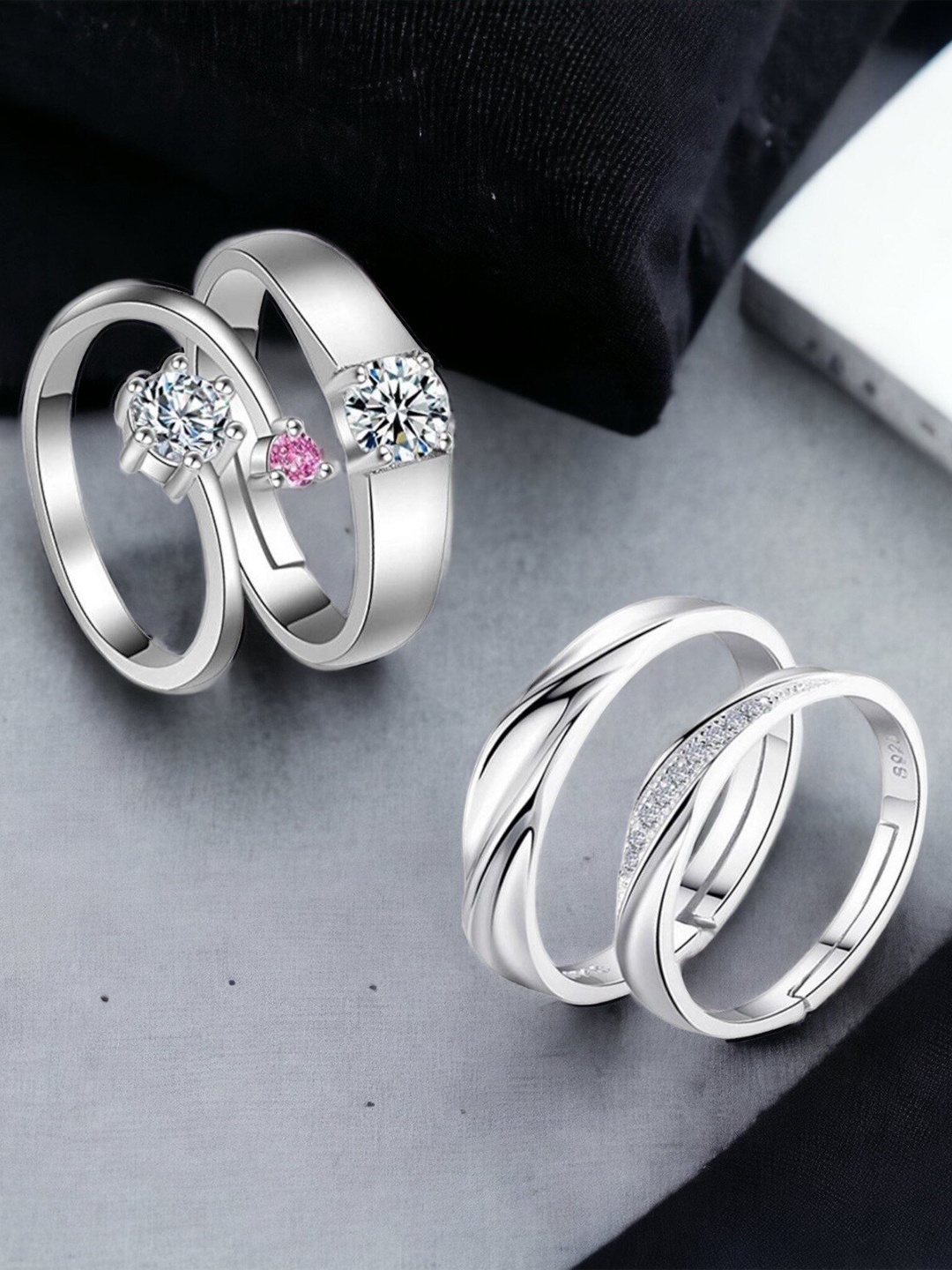 

MYKI Unisex Set Of 4 Silver-Plated & CZ-Studded Couple Adjustable Finger Rings