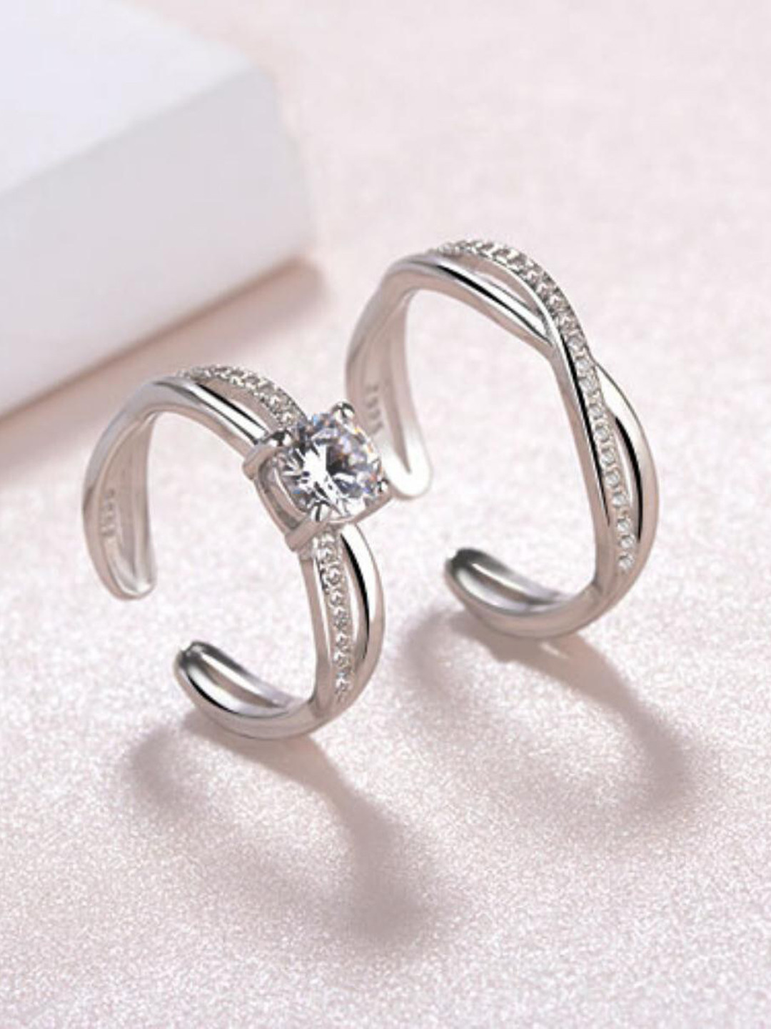 

MYKI Unisex Set Of 2 Silver-Plated CZ-Studded Adjustable Couple Rings