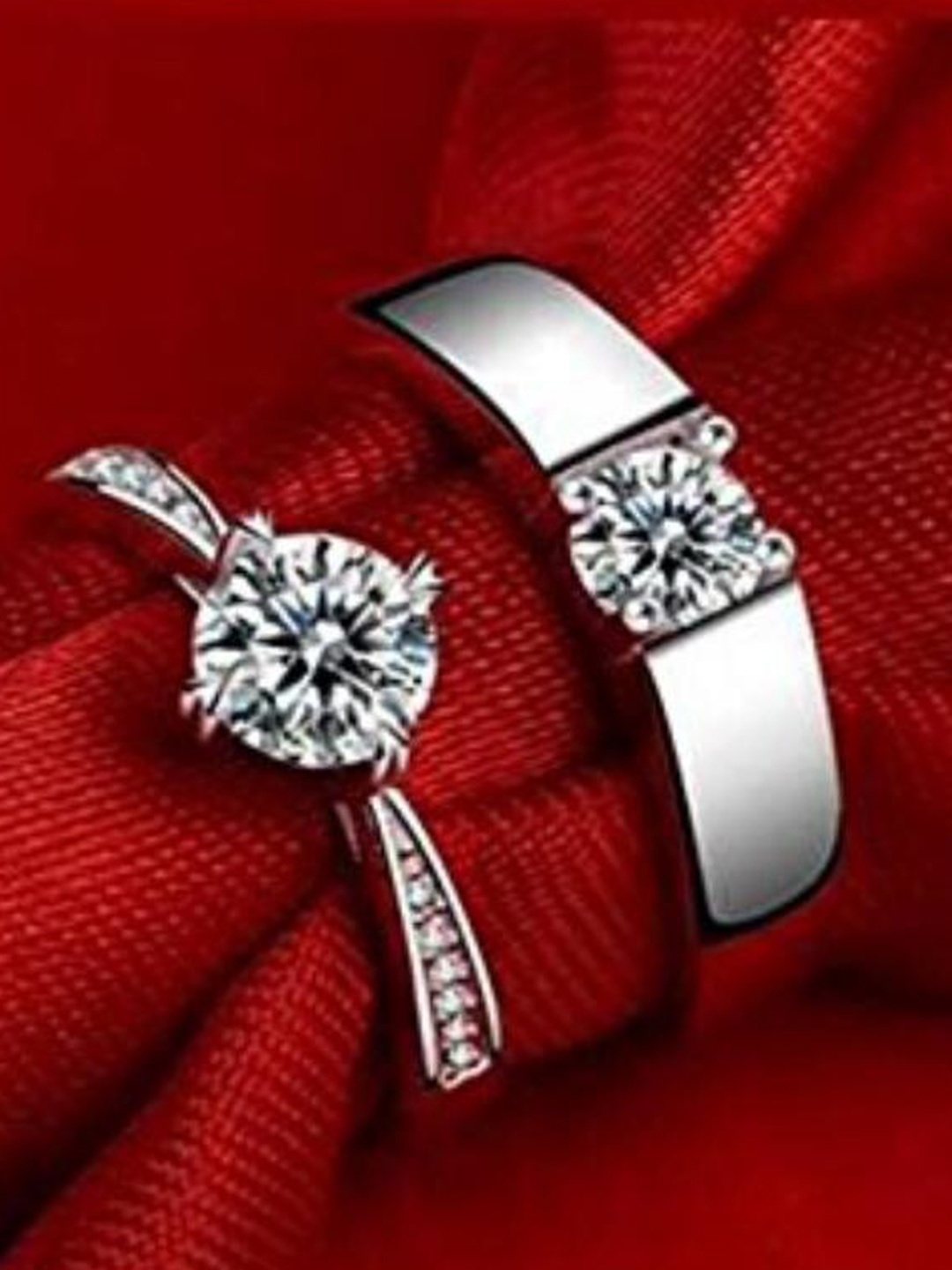 

MYKI Unisex Set Of 2 Silver-Plated CZ-Studded Couple Adjustable Finger Rings