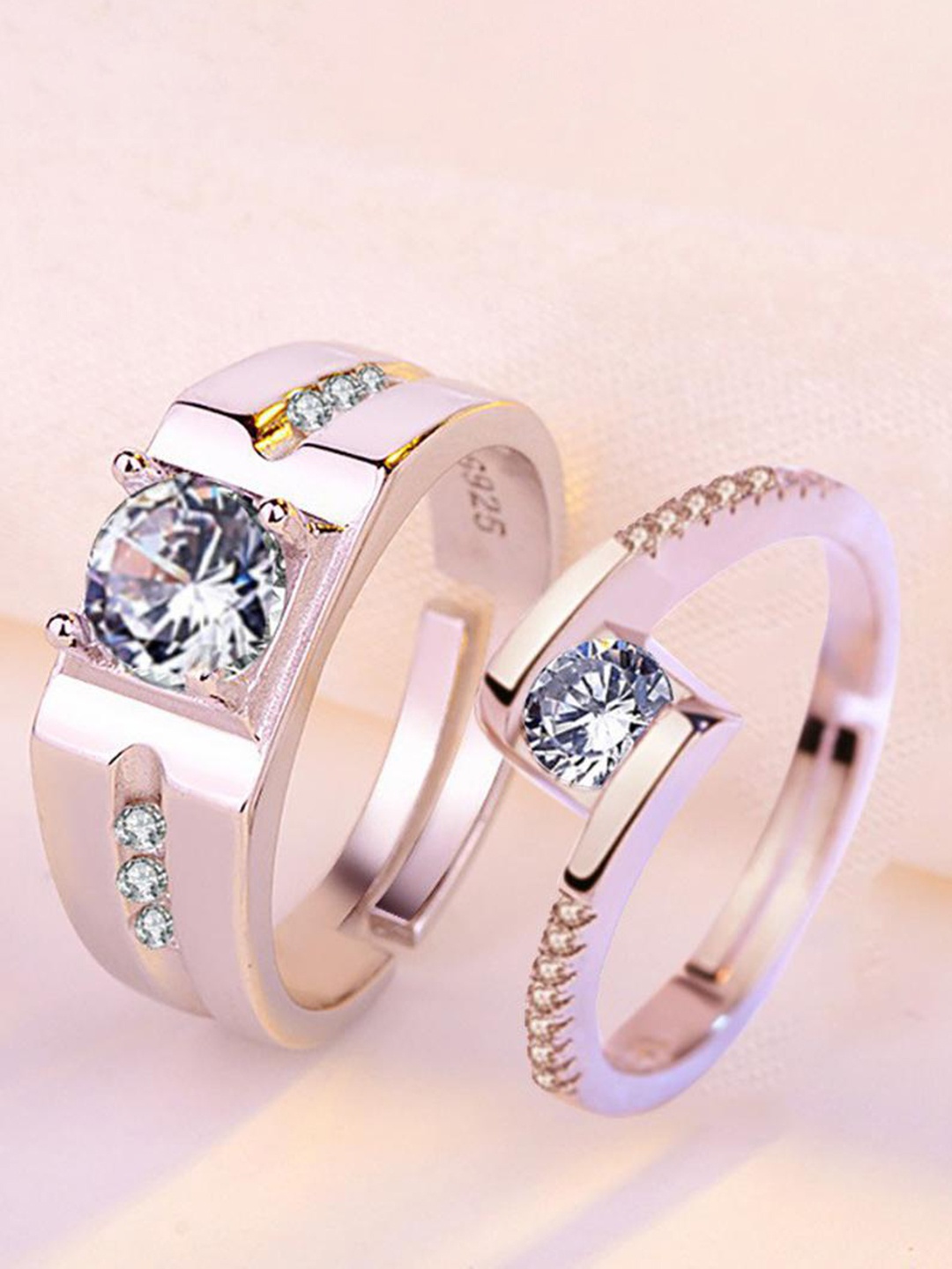 

MYKI Unisex Set Of 2 Silver-Plated CZ-Studded Couple Adjustable Finger Rings