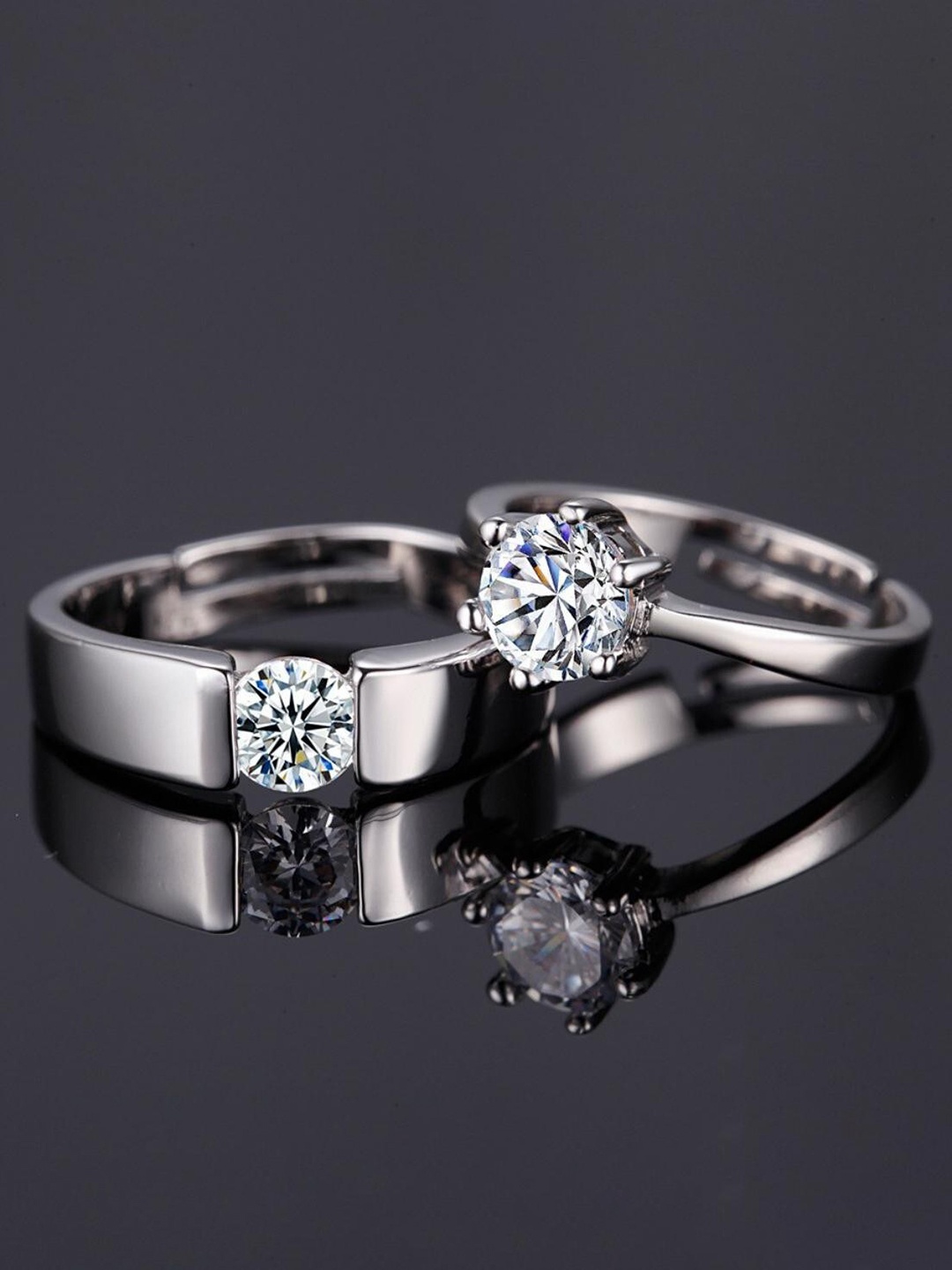 

MYKI unisex Set Of 2 Silver-Plated & CZ-Studded Couple Adjustable Finger Rings