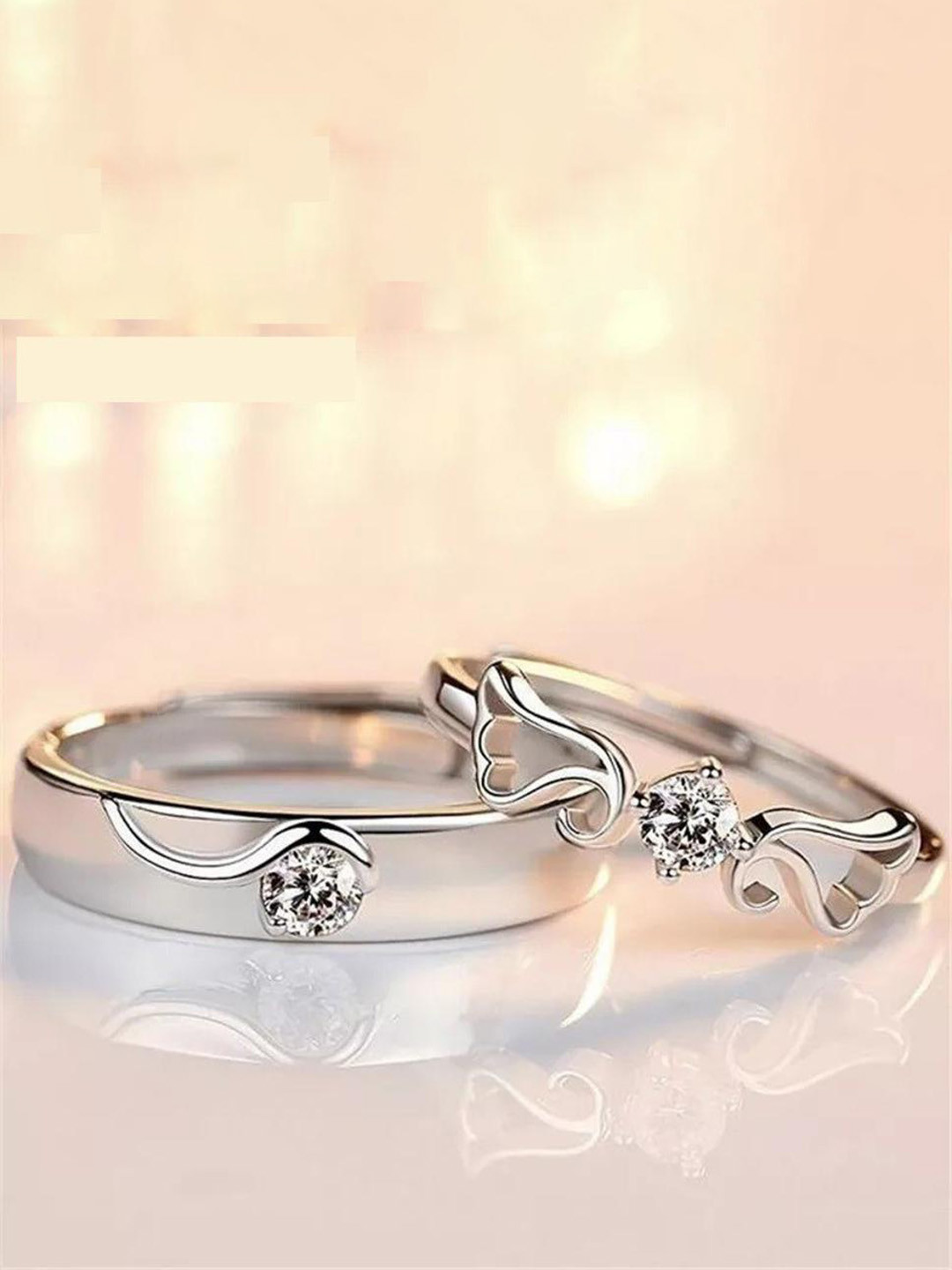 

MYKI Unisex Set Of 2 Silver-Plated & CZ-Studded Couple Adjustable Finger Rings