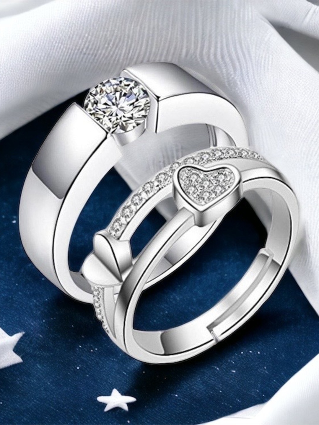 

MYKI Unisex Set Of 2 Silver-Plated & CZ-Studded Couple Adjustable Finger Rings