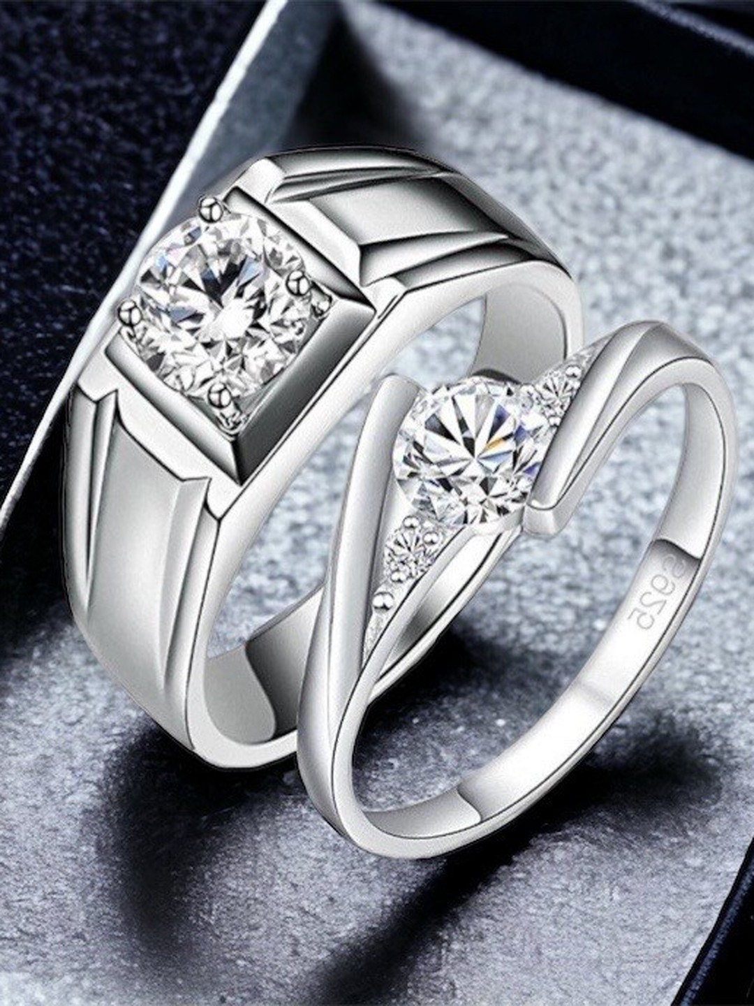 

MYKI Unisex Set Of 2 Silver-Plated & CZ-Studded Couple Adjustable Finger Rings