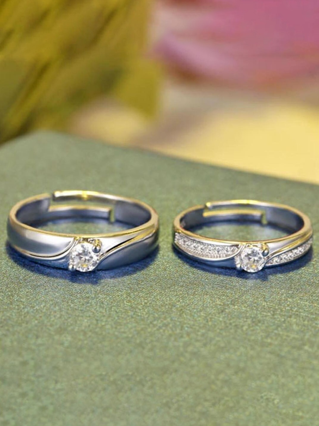 

MYKI Unisex Set Of 2 Silver-Plated & CZ-Studded Couple Adjustable Finger Rings