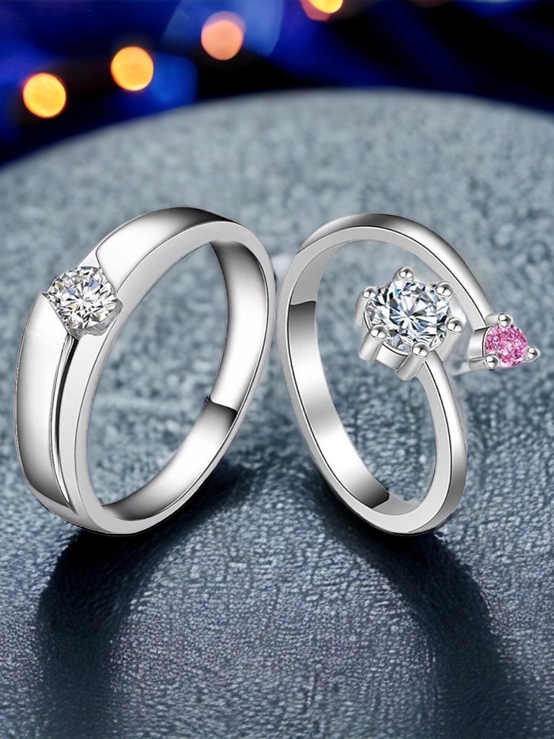 

MYKI Unisex Set Of 2 Silver-Plated & CZ-Studded Couple Adjustable Finger Rings