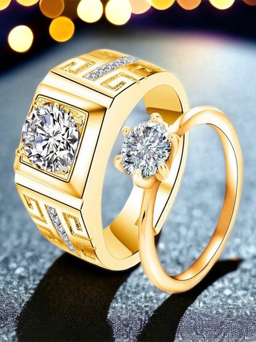 

MYKI Unisex Set Of 2 Gold-plated & CZ-Studded Adjustable Couple Rings