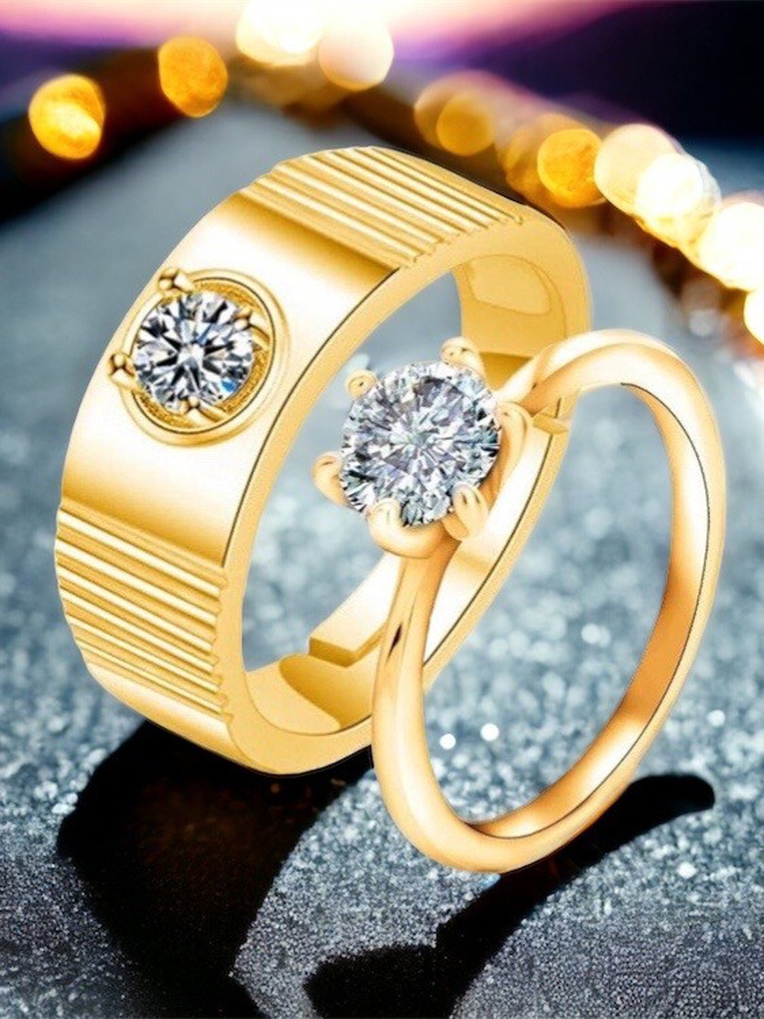 

MYKI Unisex Set Of 2 Gold-Plated CZ-Studded Couple Adjustable Finger Rings